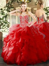 Eye-catching Sweetheart Sleeveless Vestidos de Quinceanera Floor Length Beading and Ruffles Red Organza