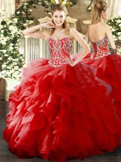 Eye-catching Sweetheart Sleeveless Vestidos de Quinceanera Floor Length Beading and Ruffles Red Organza