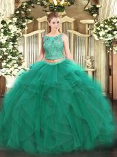 Sleeveless Lace Up Floor Length Beading and Ruffles Ball Gown Prom Dress