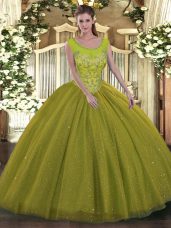 Popular Sleeveless Tulle Floor Length Backless Sweet 16 Dresses in Olive Green with Beading
