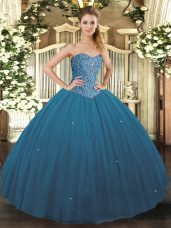 Floor Length Teal Sweet 16 Dress Tulle Sleeveless Beading