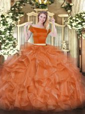Discount Orange Red Off The Shoulder Neckline Appliques and Ruffles Quince Ball Gowns Short Sleeves Zipper
