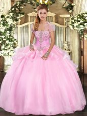 Inexpensive Baby Pink Strapless Neckline Appliques Quinceanera Gown Sleeveless Lace Up