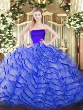 Suitable Zipper 15th Birthday Dress Blue for Military Ball and Sweet 16 and Quinceanera with Ruffles Brush Train
