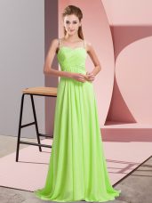 Superior Yellow Green Chiffon Criss Cross Spaghetti Straps Sleeveless Custom Made Sweep Train Ruching