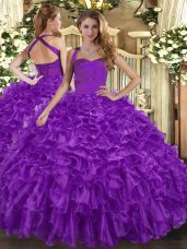 Floor Length Lace Up Sweet 16 Quinceanera Dress Purple for Military Ball and Sweet 16 and Quinceanera with Ruffles