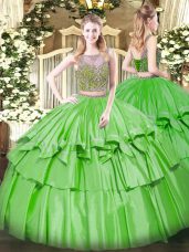 Fashion Sleeveless Floor Length Beading and Ruffled Layers Lace Up Quince Ball Gowns