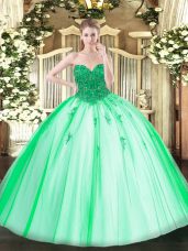 Custom Designed Turquoise Ball Gowns Sweetheart Sleeveless Tulle Floor Length Lace Up Beading Quinceanera Dresses