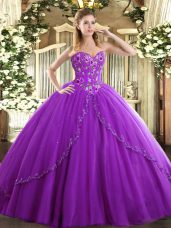 Eggplant Purple Lace Up Sweetheart Appliques and Embroidery Quinceanera Gowns Tulle Sleeveless Brush Train