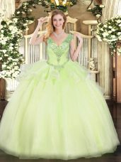 Fantastic V-neck Sleeveless Tulle Vestidos de Quinceanera Beading Lace Up