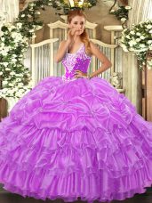 Beauteous Lilac Sleeveless Floor Length Beading and Ruffled Layers and Pick Ups Lace Up Quinceanera Dresses