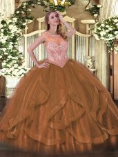 Scoop Sleeveless Tulle 15th Birthday Dress Beading and Ruffles Lace Up