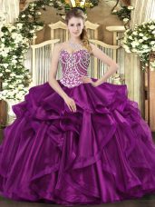 Elegant Sleeveless Floor Length Beading and Ruffles Lace Up Quinceanera Gowns with Fuchsia