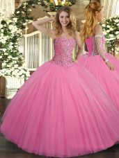 Graceful Ball Gowns 15th Birthday Dress Rose Pink Sweetheart Tulle Sleeveless Floor Length Lace Up