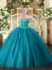 Teal Ball Gowns Beading 15 Quinceanera Dress Lace Up Tulle Sleeveless Floor Length