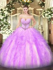 Tulle Sweetheart Sleeveless Lace Up Beading and Ruffles Quince Ball Gowns in Lilac