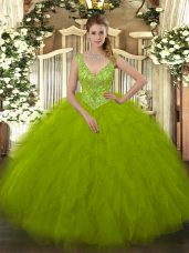 Super Sleeveless Floor Length Beading and Ruffles Zipper 15th Birthday Dress with Olive Green