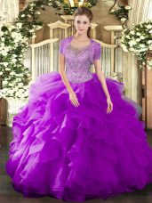 Romantic Fuchsia Tulle Clasp Handle Quince Ball Gowns Sleeveless Floor Length Beading and Ruffled Layers
