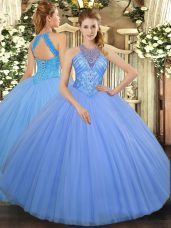 High-neck Sleeveless Tulle Quince Ball Gowns Beading Lace Up