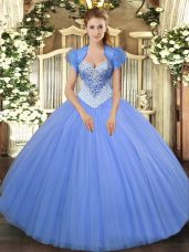 Flirting Baby Blue Sleeveless Floor Length Beading Lace Up Sweet 16 Dress