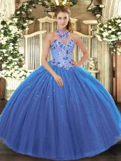 Blue Sleeveless Tulle Lace Up Sweet 16 Dresses for Military Ball and Sweet 16 and Quinceanera