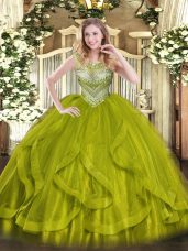 Olive Green Sleeveless Beading Floor Length 15 Quinceanera Dress