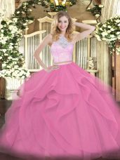 Latest Rose Pink Zipper Sweet 16 Quinceanera Dress Lace and Ruffles Sleeveless Floor Length