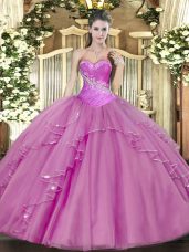 High Class Sleeveless Tulle Floor Length Lace Up Quinceanera Gown in Lilac with Beading
