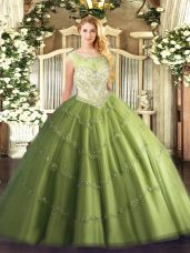Smart Floor Length Olive Green 15 Quinceanera Dress Tulle Cap Sleeves Beading