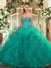 Beading and Ruffles Ball Gown Prom Dress Turquoise Lace Up Sleeveless Floor Length