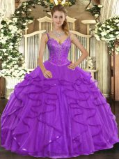 Sleeveless Tulle Floor Length Lace Up Sweet 16 Dress in Eggplant Purple with Beading and Ruffles