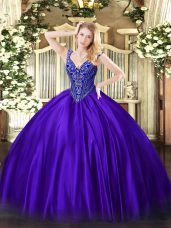 Purple Satin Lace Up V-neck Sleeveless Floor Length Sweet 16 Dresses Beading