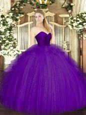 Purple Ball Gowns Tulle Sweetheart Sleeveless Ruffles Floor Length Zipper Quinceanera Gown