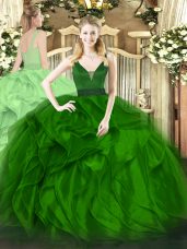 Sumptuous Green Organza Zipper Sweet 16 Dresses Sleeveless Floor Length Beading and Ruffles
