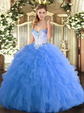 Tulle Sweetheart Sleeveless Lace Up Beading and Ruffles Vestidos de Quinceanera in Baby Blue