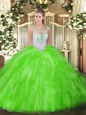 Luxury Tulle Zipper Scoop Sleeveless Floor Length 15th Birthday Dress Beading and Ruffles