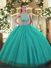 Best Selling Tulle Halter Top Sleeveless Lace Up Beading Quince Ball Gowns in Turquoise