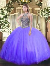 Dynamic Ball Gowns Sweet 16 Dress Lavender Halter Top Tulle Sleeveless Floor Length Lace Up