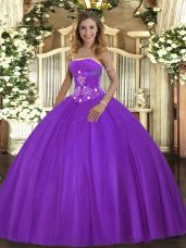 Gorgeous Tulle Strapless Sleeveless Lace Up Beading Ball Gown Prom Dress in Purple