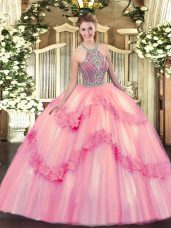 Admirable Baby Pink Sweet 16 Quinceanera Dress Military Ball and Sweet 16 and Quinceanera with Beading and Appliques Halter Top Sleeveless Lace Up