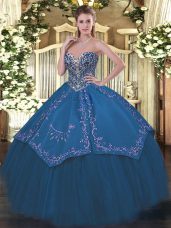 Hot Selling Beading and Embroidery Quinceanera Dresses Blue Lace Up Sleeveless Floor Length