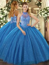 Exceptional Blue Ball Gowns Tulle Halter Top Sleeveless Beading and Embroidery Floor Length Lace Up 15 Quinceanera Dress