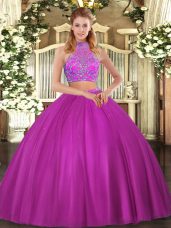Floor Length Fuchsia Quinceanera Gown Tulle Sleeveless Beading