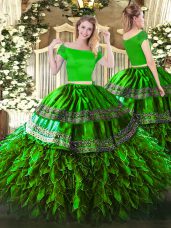 Green Organza and Taffeta Zipper Quinceanera Gowns Short Sleeves Floor Length Embroidery and Ruffles