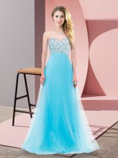Floor Length Lace Up Dress for Prom Aqua Blue for Prom and Party with Beading