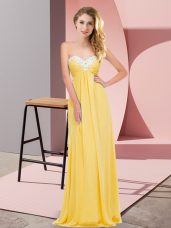 Low Price Sleeveless Floor Length Ruching Lace Up Prom Party Dress with Gold