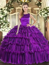 Fitting Eggplant Purple Lace Up Scoop Ruffled Layers Sweet 16 Dress Organza Sleeveless