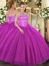 Colorful Fuchsia Lace Up Quinceanera Dresses Beading and Embroidery and Sequins Sleeveless Floor Length