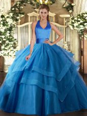 Floor Length Ball Gowns Sleeveless Blue Quince Ball Gowns Lace Up