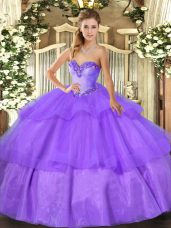 Suitable Lavender Ball Gowns Tulle Sweetheart Sleeveless Beading and Ruffled Layers Floor Length Lace Up Sweet 16 Dress